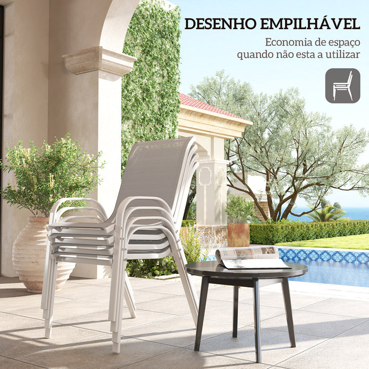 Conjunto de 4 Cadeiras de Jardim Cadeiras de Exterior Empilháveis Cadeiras de Jardim com Tecido Respirável Estrutura de Aço Apoio para os Braços e Encosto 54x71x93 cm Cinza e Branco