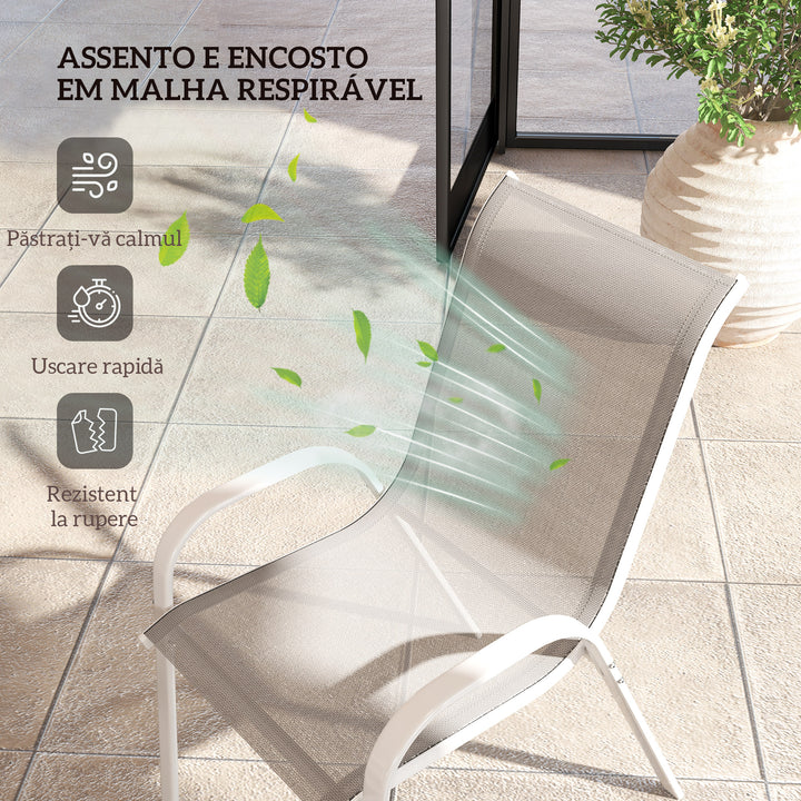 Conjunto de 4 Cadeiras de Jardim Cadeiras de Exterior Empilháveis Cadeiras de Jardim com Tecido Respirável Estrutura de Aço Apoio para os Braços e Encosto 54x71x93 cm Cinza e Branco