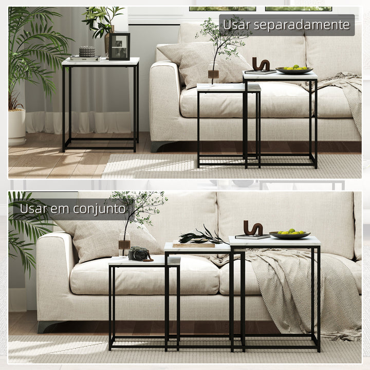 Conjunto de 3 Mesas Auxiliares para Sala de Estar Mesas Auxiliares com Efeito Mármore e Estrutura de Aço Estilo Moderno para Sala de Estar Quarto Branco e Preto