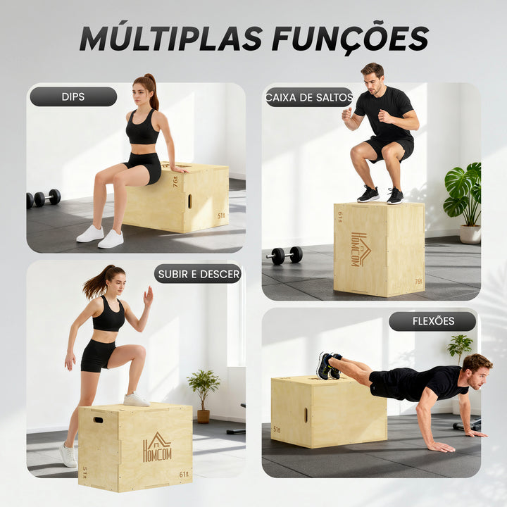 Caixa Pliometria de Madeira Caixa de Saltos com 2 Alças Recortadas Carga Máxima 120 kg para Casa Escritório Ginásio 61x51x73 cm Madeira