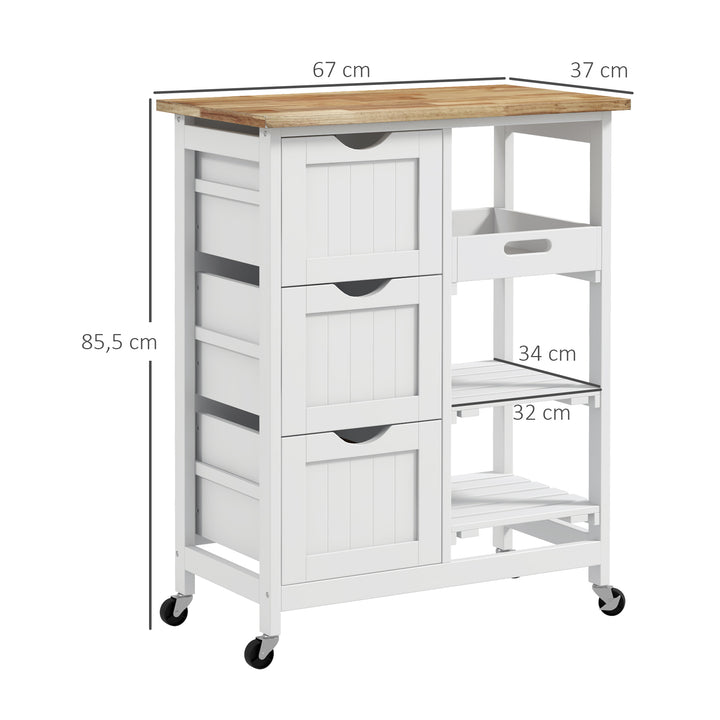 Carrinho de Cozinha com Rodas Carrinho de Serviço Multiuso com 3 Gavetas 2 Prateleiras Abertas e Bandeja para Sala de Jantar Sala de Estar 67x37x85,5cm Branco