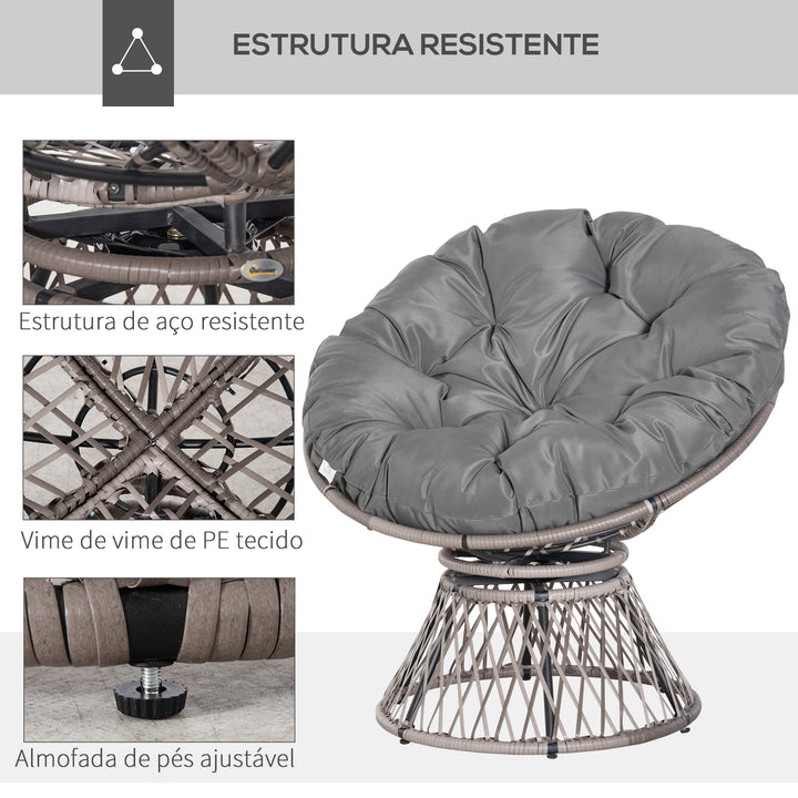 Poltrona Papasan Giratória de Vime Sintético Poltrona de Vime PE com Almofada e Estrutura de Aço Carga 160 kg para Jardim Terraço Pátio 87x97x90 cm Cinza