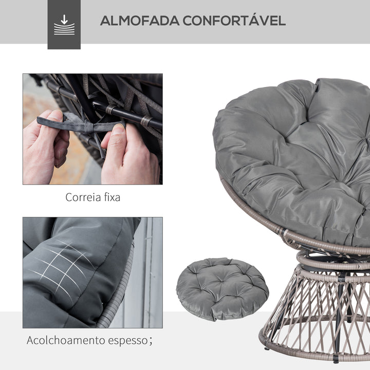 Poltrona Papasan Giratória de Vime Sintético Poltrona de Vime PE com Almofada e Estrutura de Aço Carga 160 kg para Jardim Terraço Pátio 87x97x90 cm Cinza