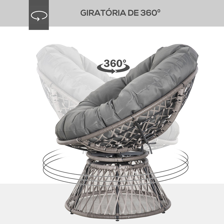 Poltrona Papasan Giratória de Vime Sintético Poltrona de Vime PE com Almofada e Estrutura de Aço Carga 160 kg para Jardim Terraço Pátio 87x97x90 cm Cinza