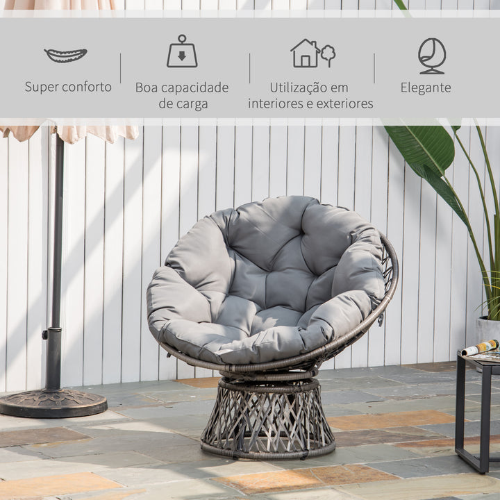 Poltrona Papasan Giratória de Vime Sintético Poltrona de Vime PE com Almofada e Estrutura de Aço Carga 160 kg para Jardim Terraço Pátio 87x97x90 cm Cinza