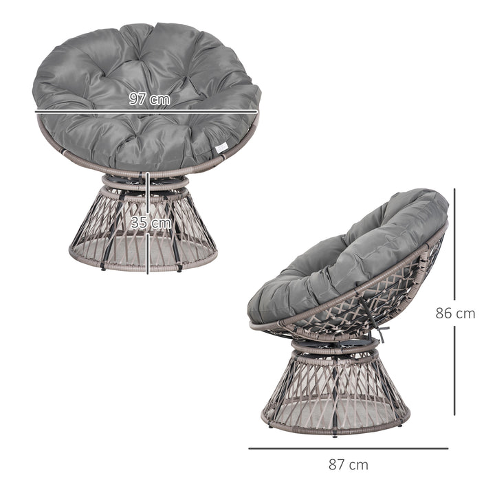 Poltrona Papasan Giratória de Vime Sintético Poltrona de Vime PE com Almofada e Estrutura de Aço Carga 160 kg para Jardim Terraço Pátio 87x97x90 cm Cinza