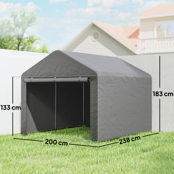 Tenda de Jardim Exterior para Ferramentas e Bicicletas 2,4x2x2 m Abrigo Exterior com Estrutura de Metal Galvanizado Porta Enrolável com Fecho Impermeável UV30+ Garagem Portátil Cinzento