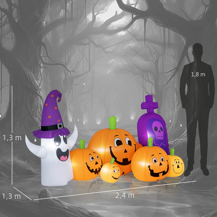Abóbora Insuflável de Halloween com Fantasma e Lápida Decoração de Halloween com Luzes LED IP44 e Insuflador para Jardim Festas Exterior 240x130x130 cm Multicolor