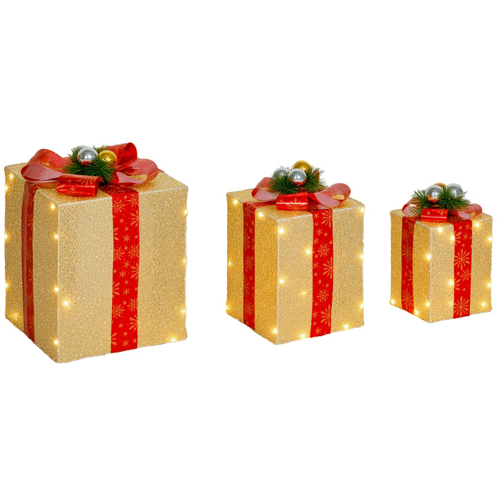 Conjunto de 3 Caixas de Presente de Natal com Luzes Enfeites Luminosos para Árvore de Natal com 58 LEDs Branco Quente Iluminação Natalícia para Interior Exterior e Festa Dourado