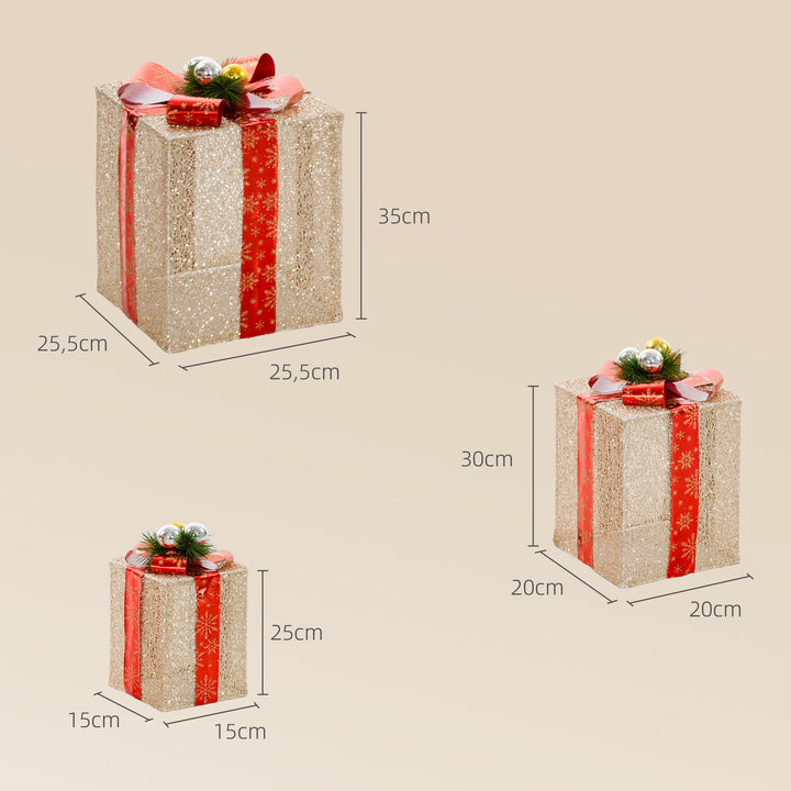 Conjunto de 3 Caixas de Presente de Natal com Luzes Enfeites Luminosos para Árvore de Natal com 58 LEDs Branco Quente Iluminação Natalícia para Interior Exterior e Festa Dourado