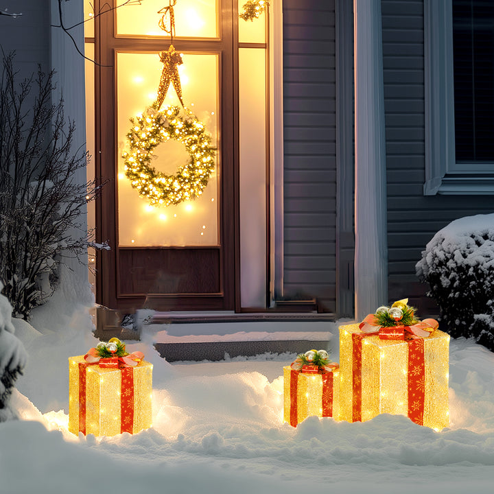 Conjunto de 3 Caixas de Presente de Natal com Luzes Enfeites Luminosos para Árvore de Natal com 58 LEDs Branco Quente Iluminação Natalícia para Interior Exterior e Festa Dourado