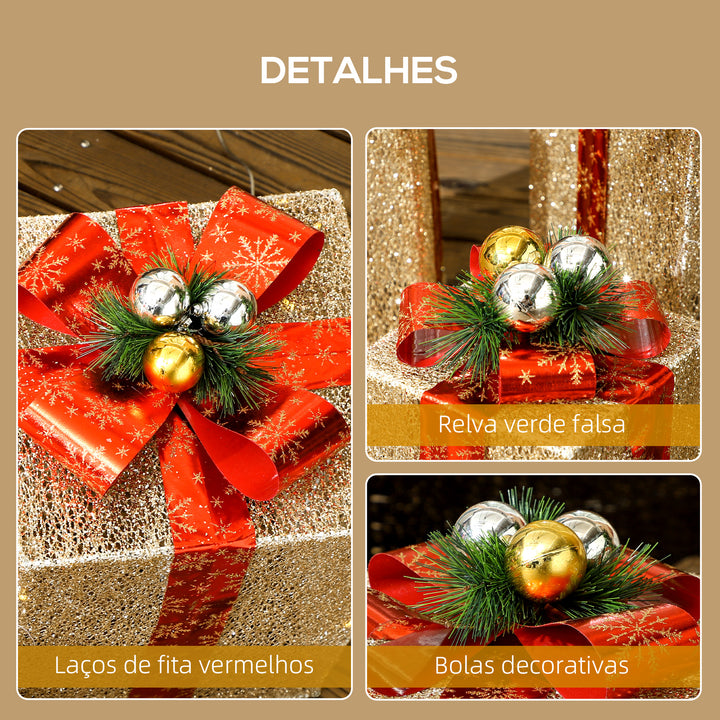 Conjunto de 3 Caixas de Presente de Natal com Luzes Enfeites Luminosos para Árvore de Natal com 58 LEDs Branco Quente Iluminação Natalícia para Interior Exterior e Festa Dourado