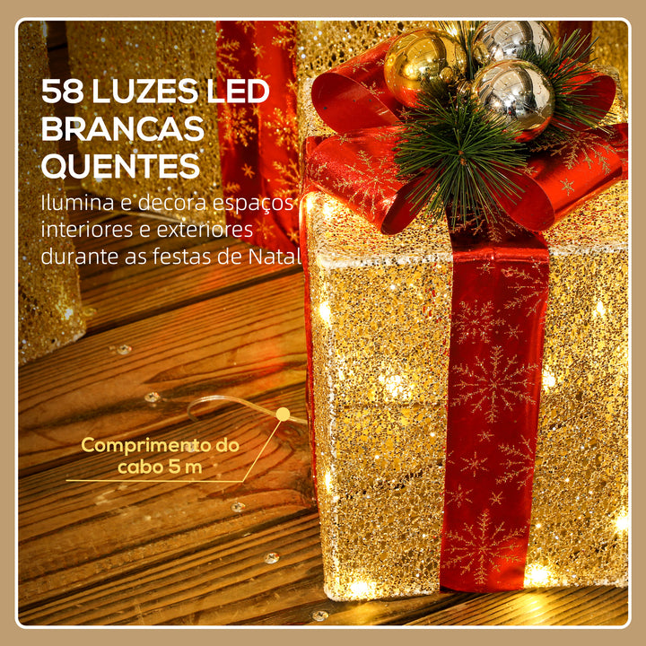 Conjunto de 3 Caixas de Presente de Natal com Luzes Enfeites Luminosos para Árvore de Natal com 58 LEDs Branco Quente Iluminação Natalícia para Interior Exterior e Festa Dourado
