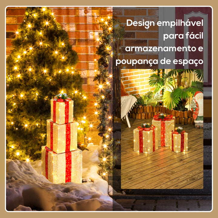 Conjunto de 3 Caixas de Presente de Natal com Luzes Enfeites Luminosos para Árvore de Natal com 58 LEDs Branco Quente Iluminação Natalícia para Interior Exterior e Festa Dourado