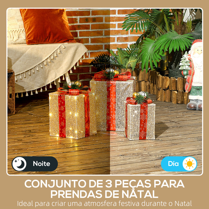 Conjunto de 3 Caixas de Presente de Natal com Luzes Enfeites Luminosos para Árvore de Natal com 58 LEDs Branco Quente Iluminação Natalícia para Interior Exterior e Festa Dourado