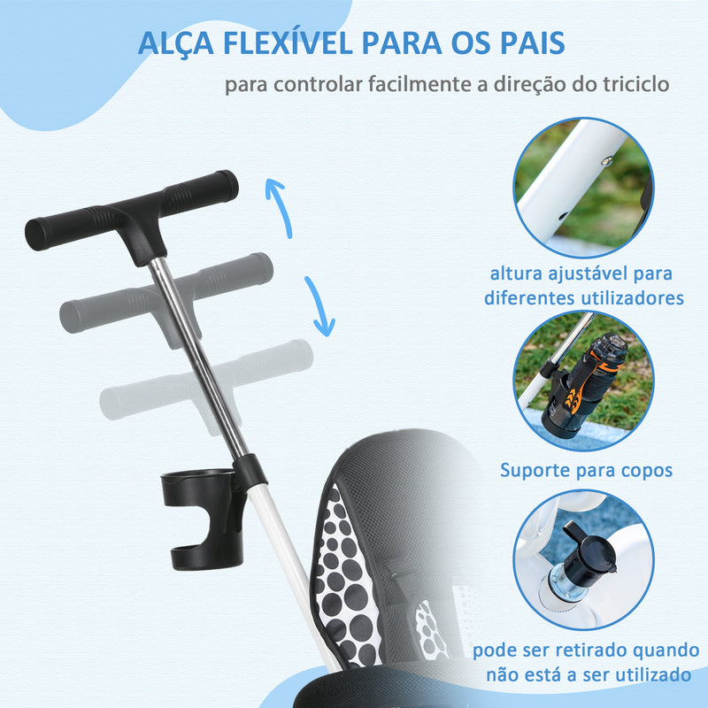 Triciclo para Bebês 2 em 1 Triciclo Evolutivo para Crianças de +12 Meses com Toldo Dobrável Guiador Telescópico e Removível Assento Ajustável Cesto e Suporte para Garrafa Branco