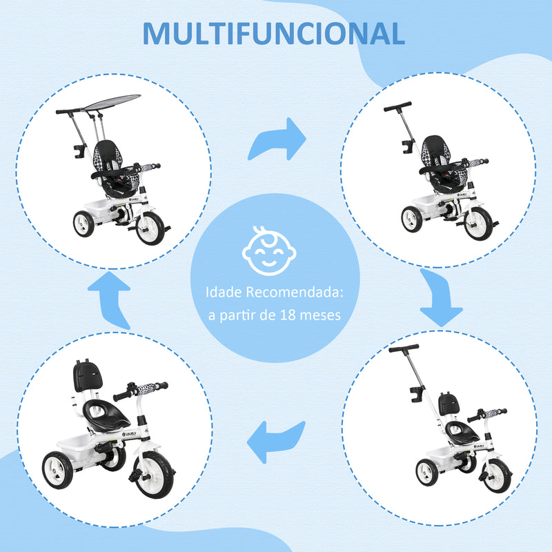 Triciclo para Bebês 2 em 1 Triciclo Evolutivo para Crianças de +12 Meses com Toldo Dobrável Guiador Telescópico e Removível Assento Ajustável Cesto e Suporte para Garrafa Branco