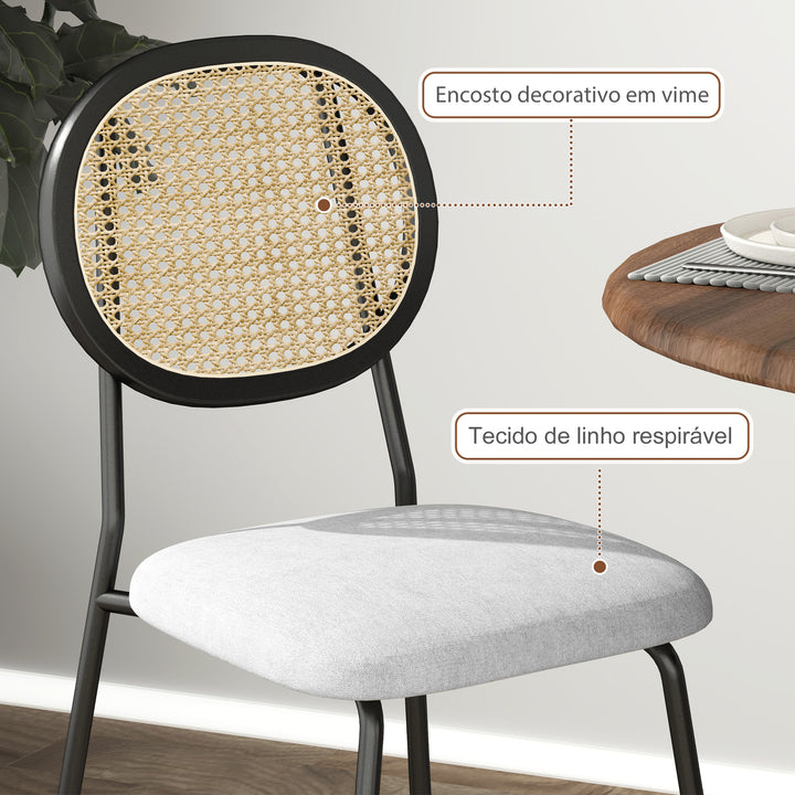 Conjunto de 2 Cadeiras de Sala de Jantar Cadeiras de Cozinha com Encosto em Vime Sintético e Estrutura de Aço para Sala de Jantar 44x54x87 cm Cinza e Preto
