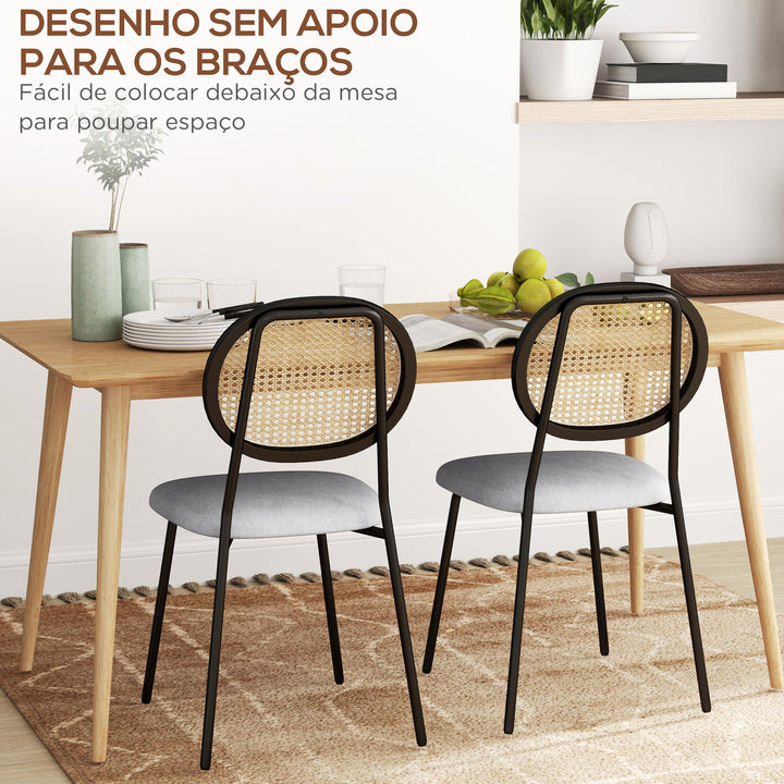 Conjunto de 2 Cadeiras de Sala de Jantar Cadeiras de Cozinha com Encosto em Vime Sintético e Estrutura de Aço para Sala de Jantar 44x54x87 cm Cinza e Preto