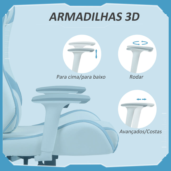 Cadeira Gaming Reclinável Cadeira Gamer Giratória com Almofada Lombar Apoios de Braços Ajustáveis Apoio de Cabeça Basculante e Altura Ajustável para Escritório 67x60x120-128 cm Branco e Azul
