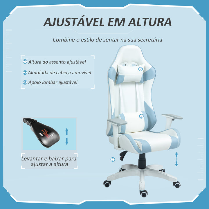 Cadeira Gaming Reclinável Cadeira Gamer Giratória com Almofada Lombar Apoios de Braços Ajustáveis Apoio de Cabeça Basculante e Altura Ajustável para Escritório 67x60x120-128 cm Branco e Azul
