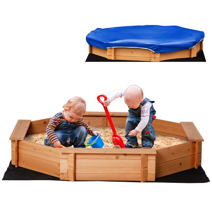 Caixa de Areia de Madeira para Crianças Caixa de Areia Infantil Octógono com Cobertura de Poliéster e Tecido não Tecido para Crianças de 3-8 anos para Jardim 139,5x139,5x21,5 cm Vermelho e Azul