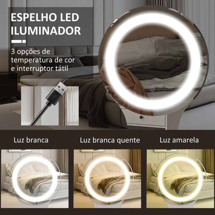 Toucador com Espelho e Luzes LED Ajustáveis Mesa de Maquilhagem Moderna com 5 Gavetas 4 Compartimentos e 1 Prateleira 100x44x137 cm Branco e Madeira