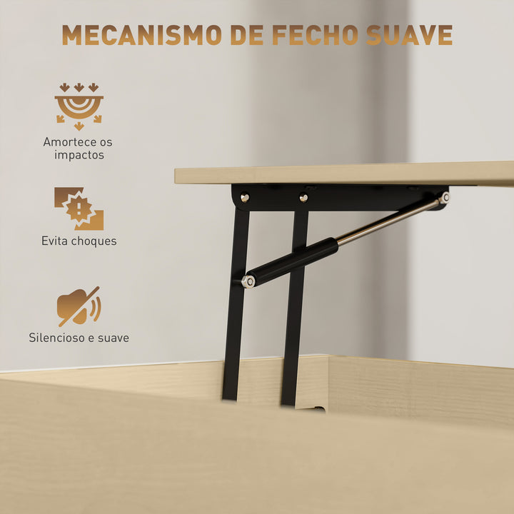 Mesa de Centro Elevatória Mesa de Café com Fecho Suave Espaço Oculto de Arrumação e Prateleira Aberta 95x40x59 cm Madeira e Branco
