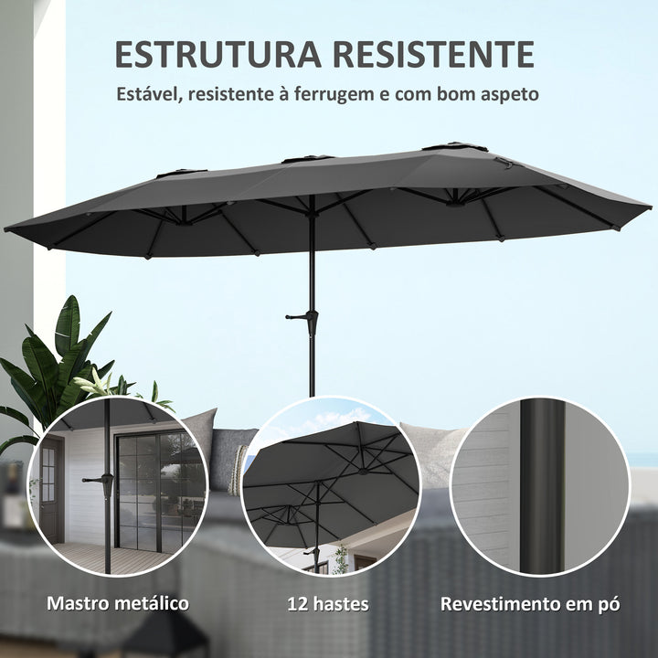Chapéu de Sol Duplo 4x2,2 m Chapéu de Sol para Jardim com Manivela Manual Impermeável e Proteção UV30+ Chapéu de Sol Grande para Exterior Praia Piscina Cinza Escuro