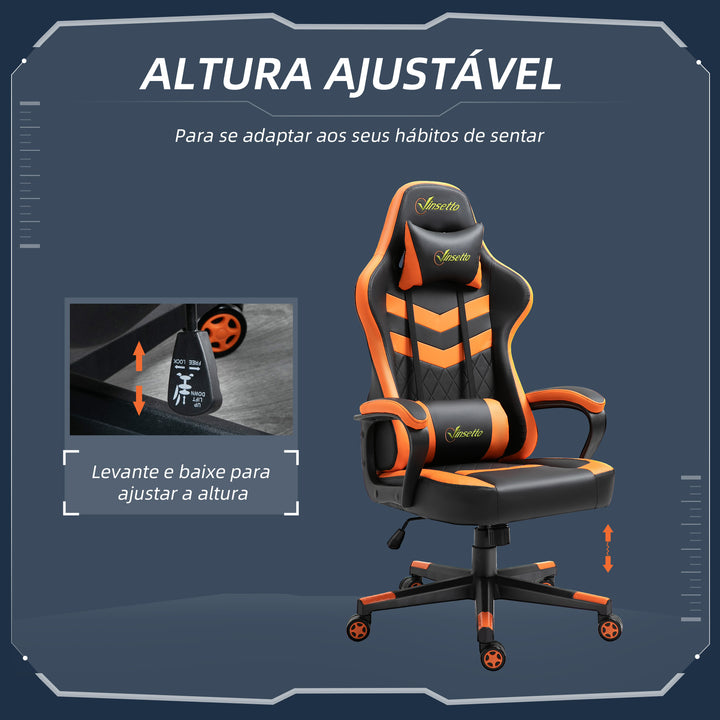 Cadeira gaming para escritório Ergonômico Altura ajustável basculante com apoio de cabeça e almofada lombar 61x70x121-129 cm laranja