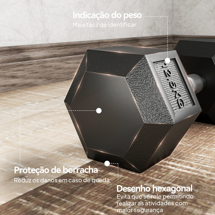 Conjunto de 2 Halteres Hexagonais 12,5 kg (25 kg Total) Ferro Fundido Revestidos em Borracha com Pega Anti-Deslizante para Musculação em Casa ou Ginásio Preto e Prateado