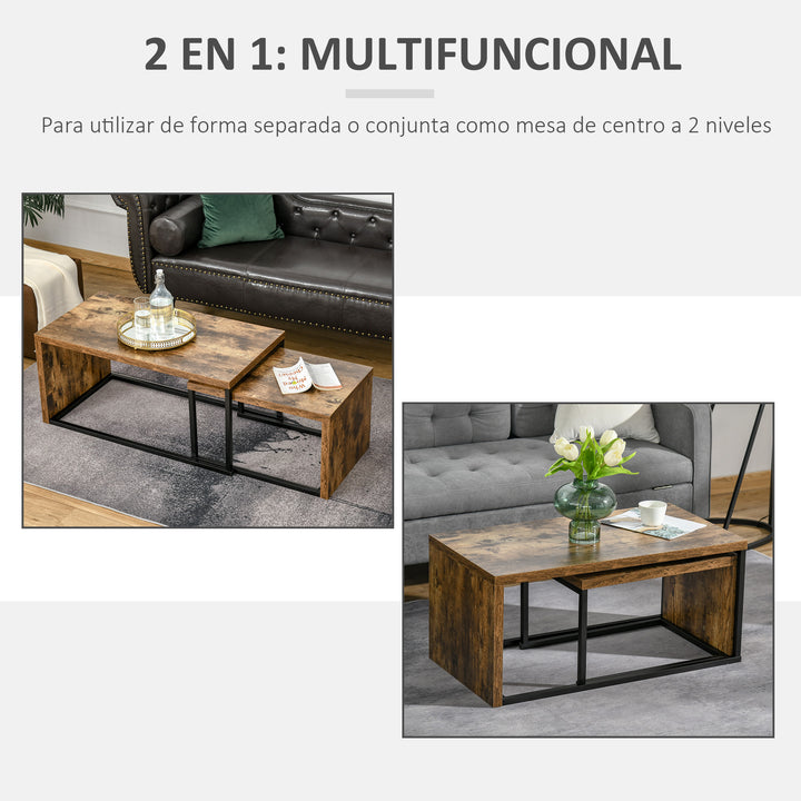 Conjunto de 2 Mesas de Centro Mesinhas de Café com Pés de Metal Estilo Industrial para Sala de Estar Sala de Jantar 90x48x42cm e 59x42x36cm Marrom Rústico