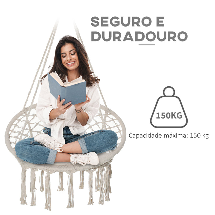 Cadeira suspensa redonda Ø60 cm de rede de balanço com almofada e corda de algodão para interior e exterior 80x80x42 cm bege