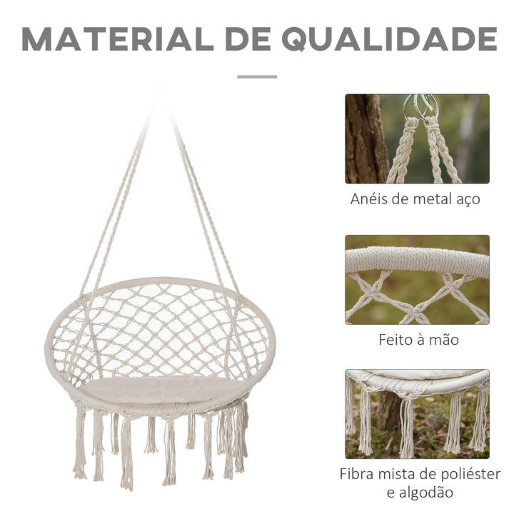 Cadeira suspensa redonda Ø60 cm de rede de balanço com almofada e corda de algodão para interior e exterior 80x80x42 cm bege