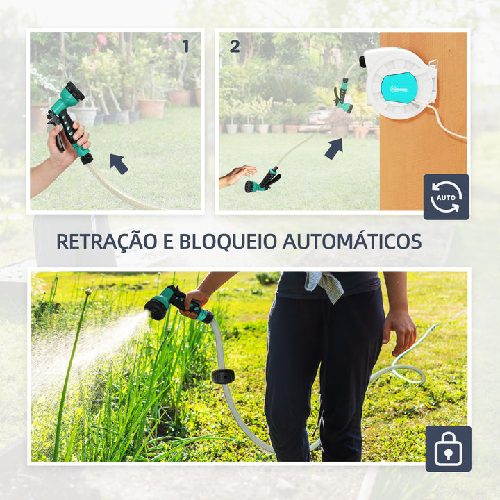 Carretel de Mangueira Retrátil de Parede Carretel de Mangueira de Jardim de 25+2 m e Bloqueio de Retorno Automático Bocal com 7 Funções e Giro de 180° 55x20x42 cm Cinza Claro