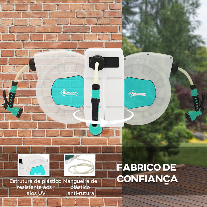 Carretel de Mangueira Retrátil de Parede Carretel de Mangueira de Jardim de 25+2 m e Bloqueio de Retorno Automático Bocal com 7 Funções e Giro de 180° 55x20x42 cm Cinza Claro