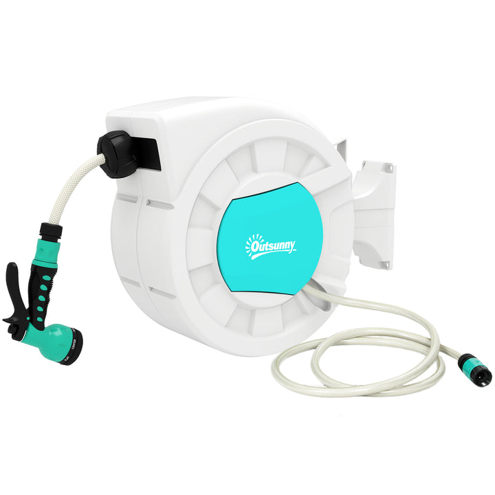 Carretel de Mangueira Retrátil de Parede Carretel de Mangueira de Jardim de 25+2 m e Bloqueio de Retorno Automático Bocal com 7 Funções e Giro de 180° 55x20x42 cm Cinza Claro