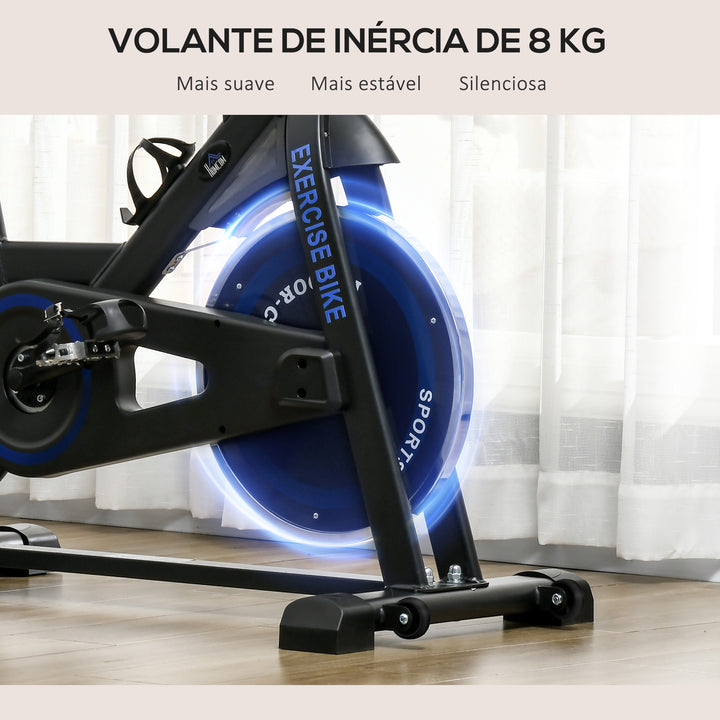 Bicicleta Estática com Resistência Ajustável Bicicleta Estática Fitness com Volante de Inércia 8 kg Ecrã LCD Guiador e Assento Ajustáveis para Casa Ginásio 103x53x110-114 cm Azul