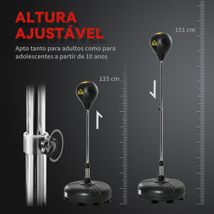 Saco de Boxe de Pé com Altura Ajustável de 4 Níveis Punching Ball com Base Preenchida Luvas e Inflador para Adultos e Adolescentes Ø45x133-151 cm Preto