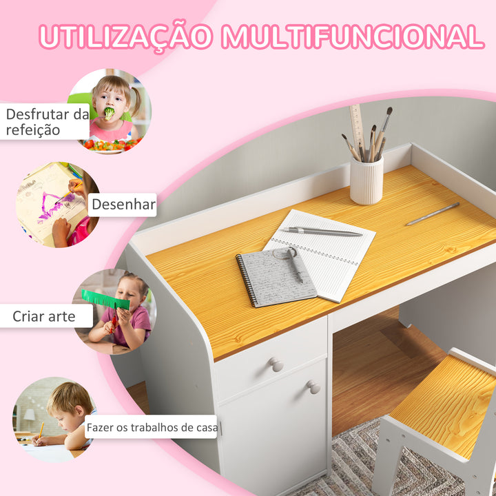 Conjunto de Secretária e Cadeira para Crianças Secretária Infantil com Cadeira Conjunto Infantil de 2 Peças com Gaveta e Armário para Quarto Sala Branco e Natural