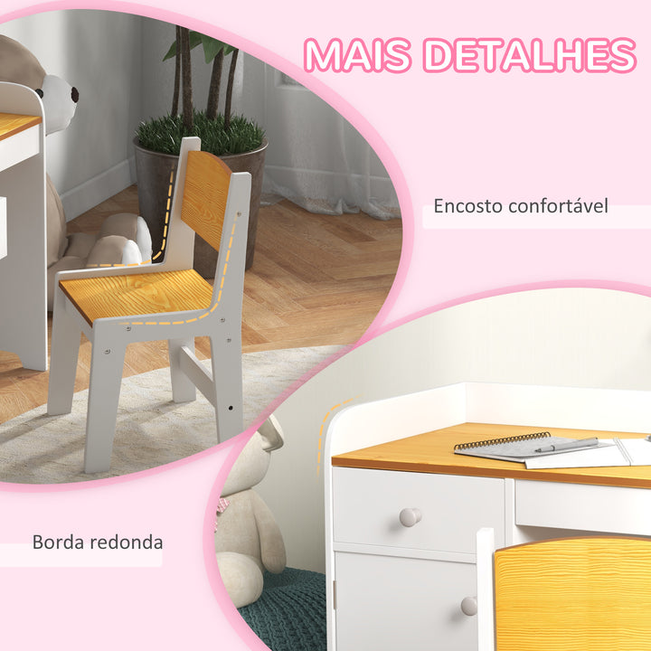 Conjunto de Secretária e Cadeira para Crianças Secretária Infantil com Cadeira Conjunto Infantil de 2 Peças com Gaveta e Armário para Quarto Sala Branco e Natural