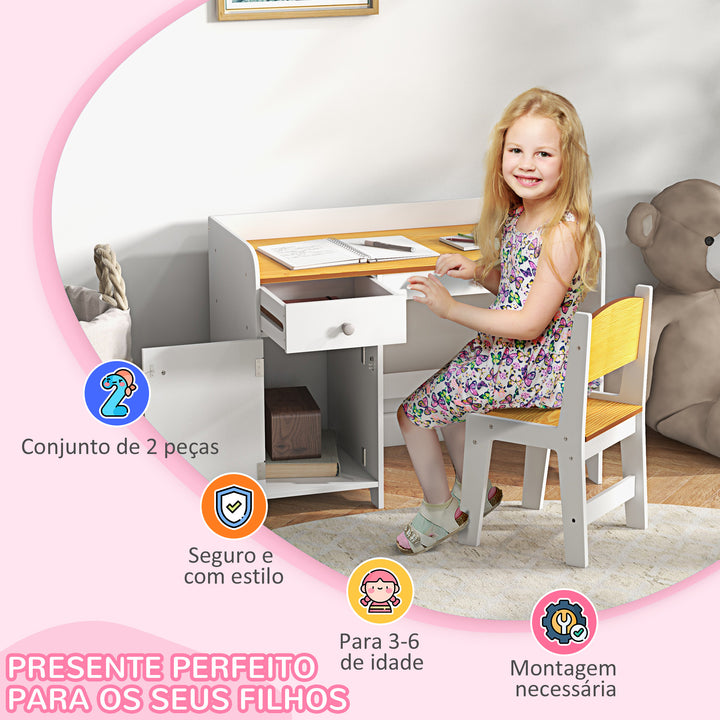 Conjunto de Secretária e Cadeira para Crianças Secretária Infantil com Cadeira Conjunto Infantil de 2 Peças com Gaveta e Armário para Quarto Sala Branco e Natural