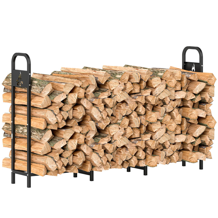 Suporte Metálico para Lenha 199x30x121 cm Suporte para Lenha de Exterior com Estrutura de Aço Pés Extra e Design Recortado de Fogueira Capacidade de Carga 300 kg para Jardim Preto