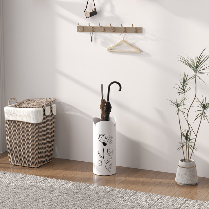 Suporte para Guarda Chuva em Aço com 4 Ganchos Bandeja de Gotejamento Amovível Suporte de Guarda Chuvas Branco para Entrada ou Escritório 17x17x41 cm