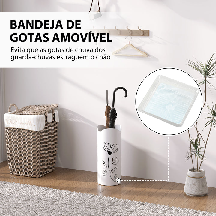 Suporte para Guarda Chuva em Aço com 4 Ganchos Bandeja de Gotejamento Amovível Suporte de Guarda Chuvas Branco para Entrada ou Escritório 17x17x41 cm