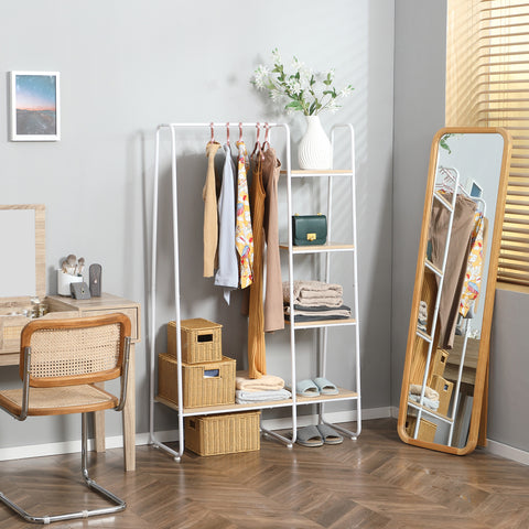 Suporte para Cabides Charriot de Madeira com 4 Prateleiras de Armazenamento e Barra de Pendurar para Dormitório Sala de Estar Entrada Estilo Industrial 101x39x160cm Madeira e Branco