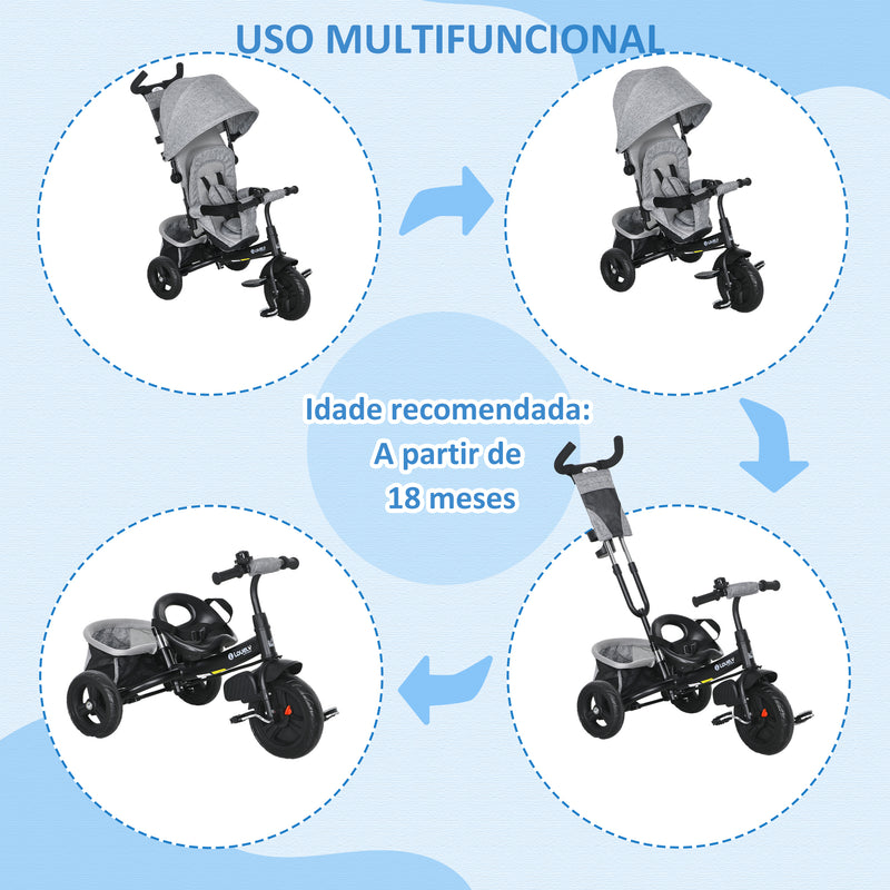 Triciclo para Bebés 2 em 1 Triciclo Evolutivo para Crianças de +12 Meses com Capota Dobrável Guiador Telescópico e Removível Bolsa e Porta-garrafas Cinza