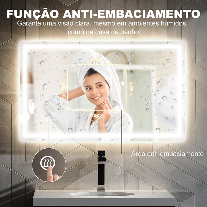 Espelho Casa de Banho com Luz LED 100x60 cm Espelho de Parede com Iluminação Anti-Embaciamento Brilho Ajustável Interruptor Tátil IP44 Montagem Horizontal ou Vertical