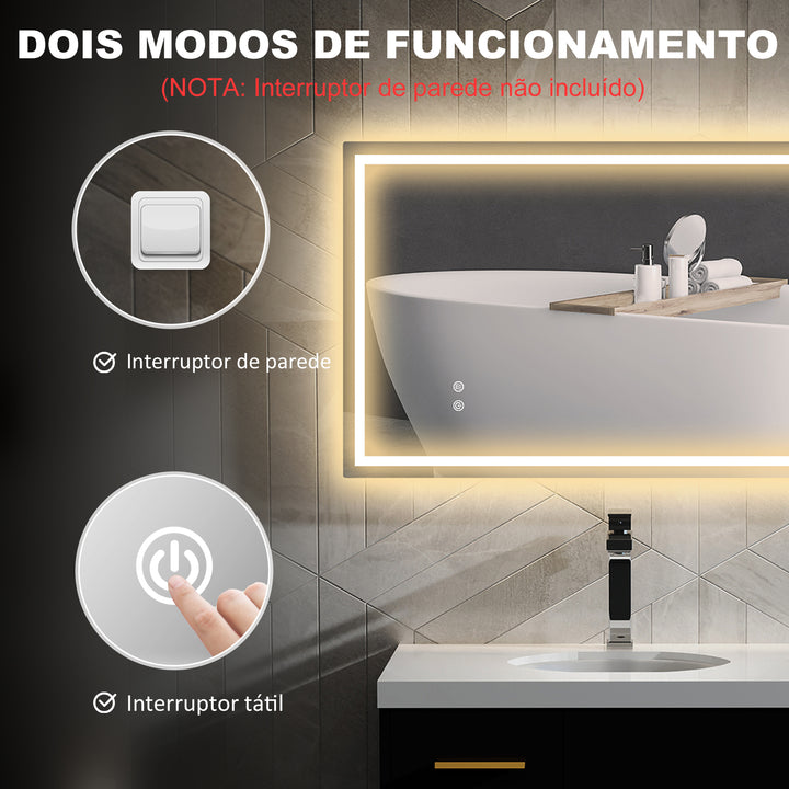 Espelho Casa de Banho com Luz LED 100x60 cm Espelho de Parede com Iluminação Anti-Embaciamento Brilho Ajustável Interruptor Tátil IP44 Montagem Horizontal ou Vertical