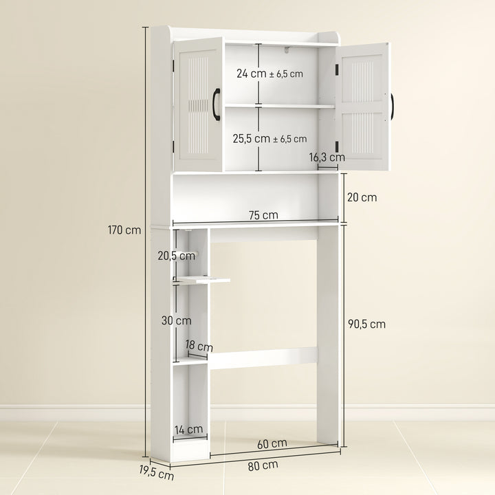 Armário sobre Sanita Móvel sobre Sanita com Prateleira Ajustável 2 Portas Suporte para Papel Higiênico e Prateleiras Abertas Armário para Máquina de Lavar 80x19,5x170 cm Branco